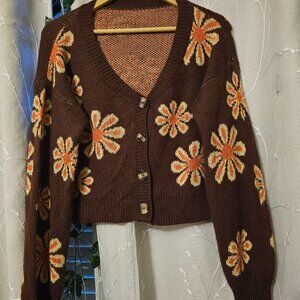 Brown boho cardigan with flowers  (M-L)